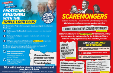 The image is divided into two halves. Left Side (Blue Background): Title: 'Protecting Pensioners with the Triple Lock Plus.' The Conservative Party claims to have introduced the Triple Lock to protect pensioners from rising living costs, delivered £4.8 billion for winter energy bills, and promises a new Triple Lock Plus. Key points: New age-related allowance for 8 million pensioners. Right Side (Red Background): Labour will introduce a 'Retirement Tax